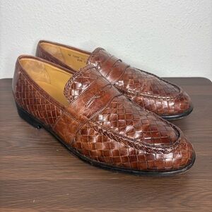 Johnson Murphy Mens Woven Penny Loafers Size 11 M British Brown Leather